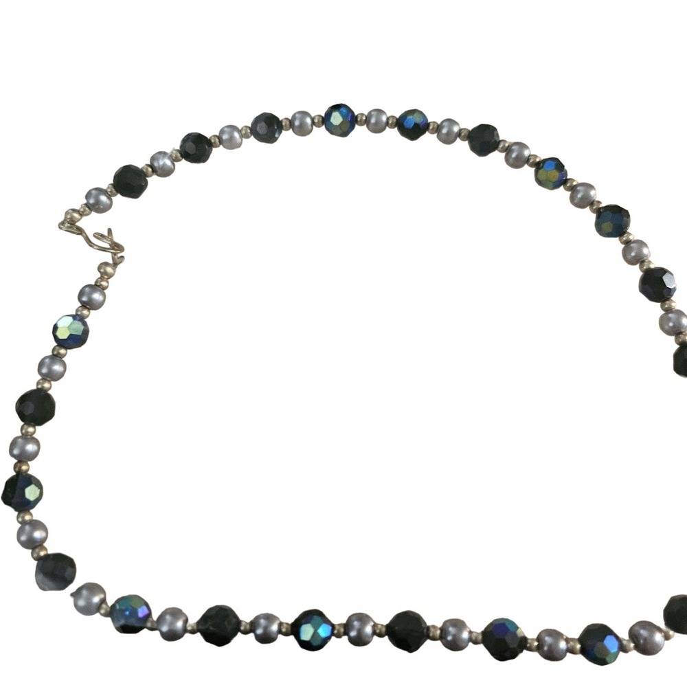 Vintage AB Silver Pearl‎ Colored Glass Beaded Hook Closure Necklace 18"